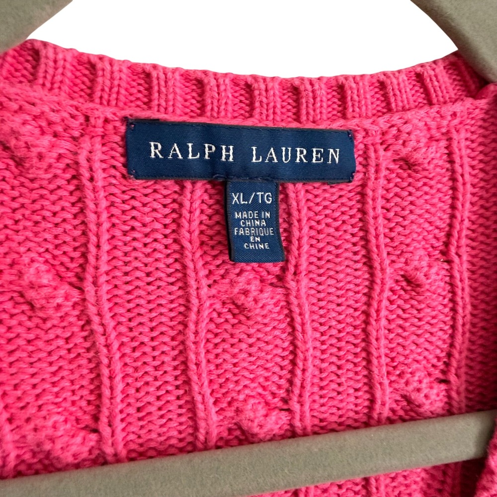 Ralph Lauren Hot Pink Cable Knit Sweater XL Pony Logo Preppy Y2K Academia - Picture 4 of 5